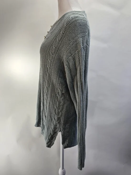 Worthington Sage Green V-Neck Cable Knit Sweater with Button Detail. 60% Silk - Picture 4 of 11